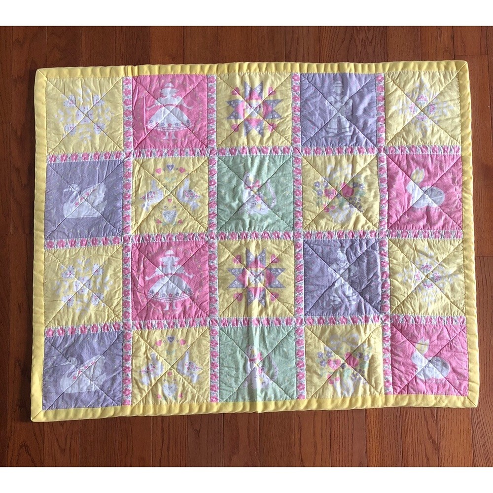 Baby Girl Quilt Handmade Cheater Quilt Machine Quilted Pastel Colors 33x42